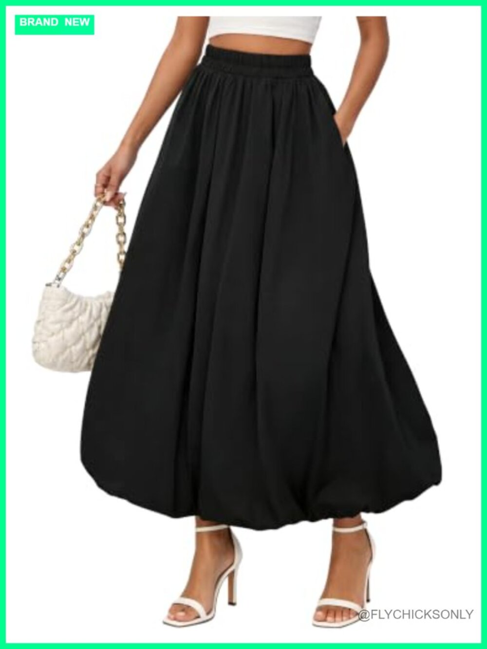 Womens Bubble Maxi Skirt Polyester Pleated A-Line Pockets Flowy